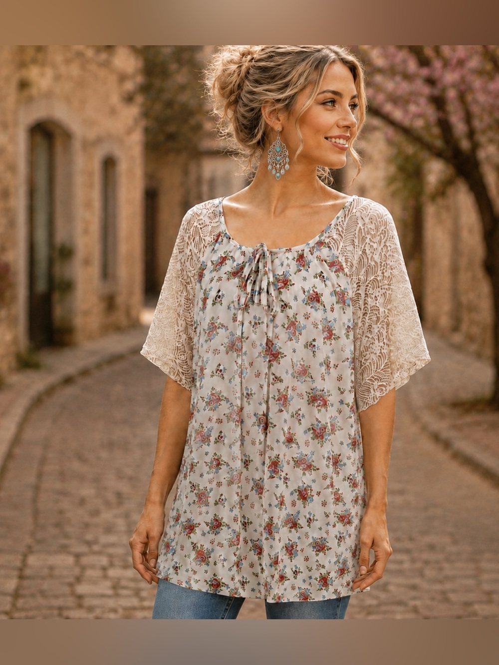 ROD’S Ivory Floral Chiffon Lace Sleeve Boho Tunic Blouse Large